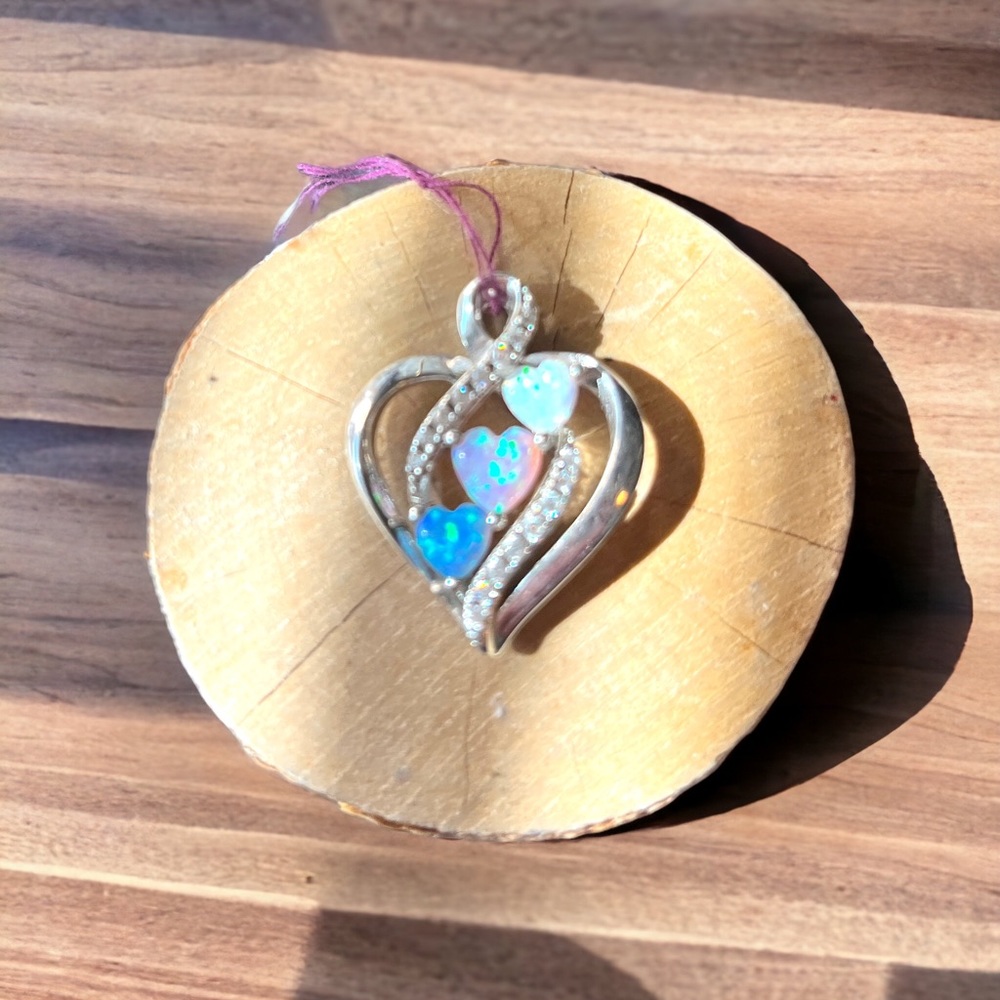 Gorgeous Vintage Triple Opal & CZ Diamond Heart Sterling Silver Pendant